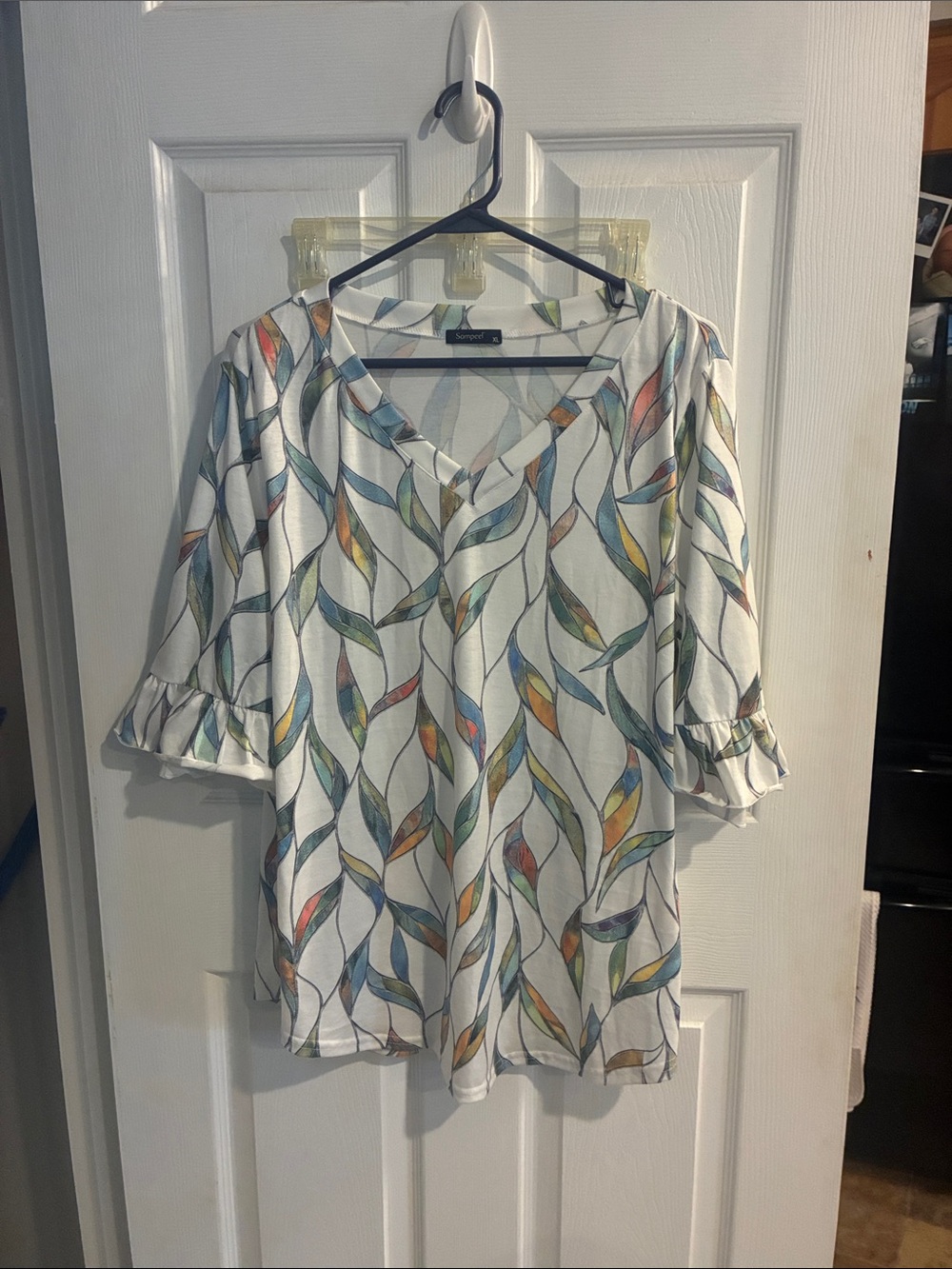 Sampeel White V-Neck Tunic with Multicolor Leaf Motif